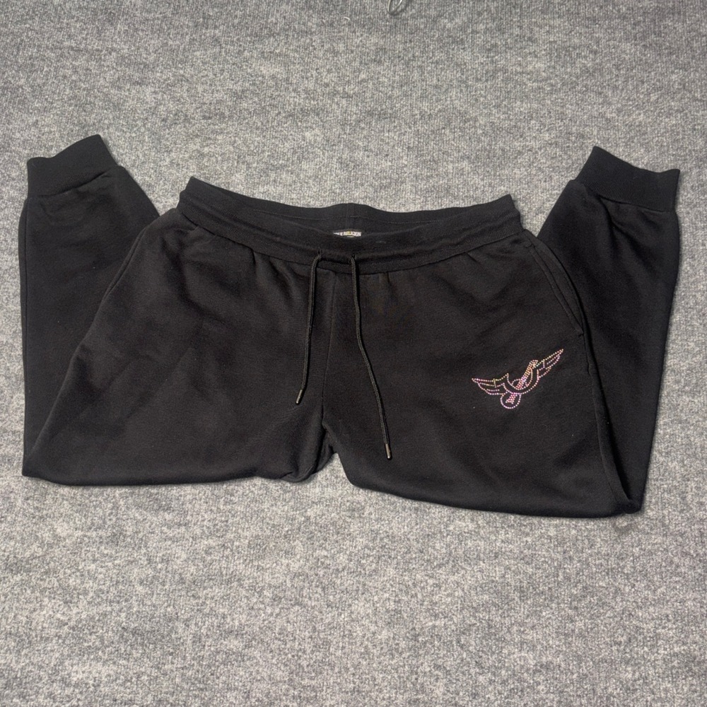 True Religion Mid Rise Joggers Womens XL Black Crystal Wing Horseshoe Y2K Bling